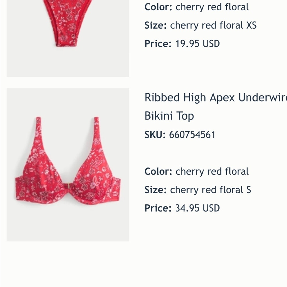 Cherry Red Floral Bikini Top- Hollister NWT Small Top, Extra Small Bottom